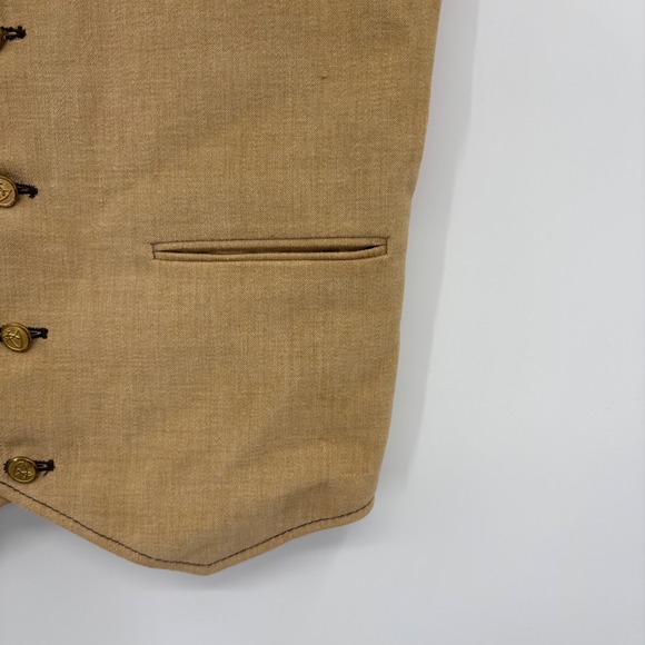 Mens Tan Linen Blend Button Down V Neck Sleeveless Vest 34R Orange Satin Back - Picture 8 of 16